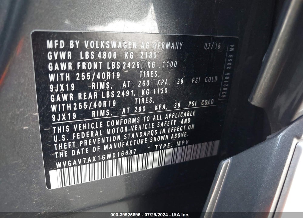 2016 VOLKSWAGEN TIGUAN R-LINE VIN: WVGAV7AX1GW016687
