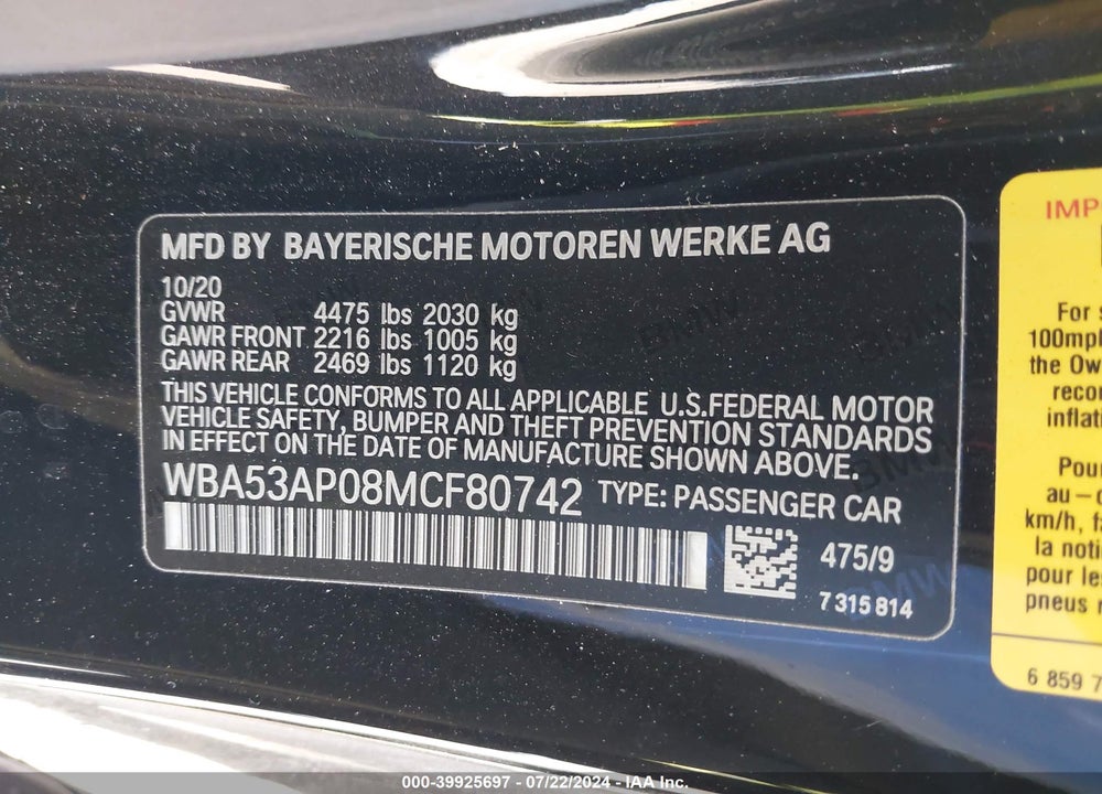 2021 BMW 430I VIN: WBA53AP08MCF80742
