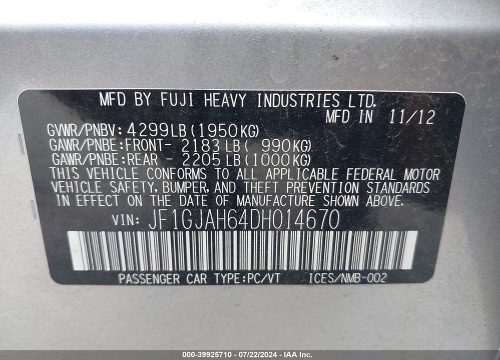 2013 SUBARU IMPREZA 2.0I LIMITED VIN: JF1GJAH64DH014670