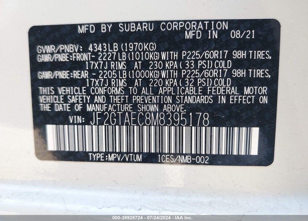 2021 SUBARU CROSSTREK PREMIUM VIN: JF2GTAEC8M8395178