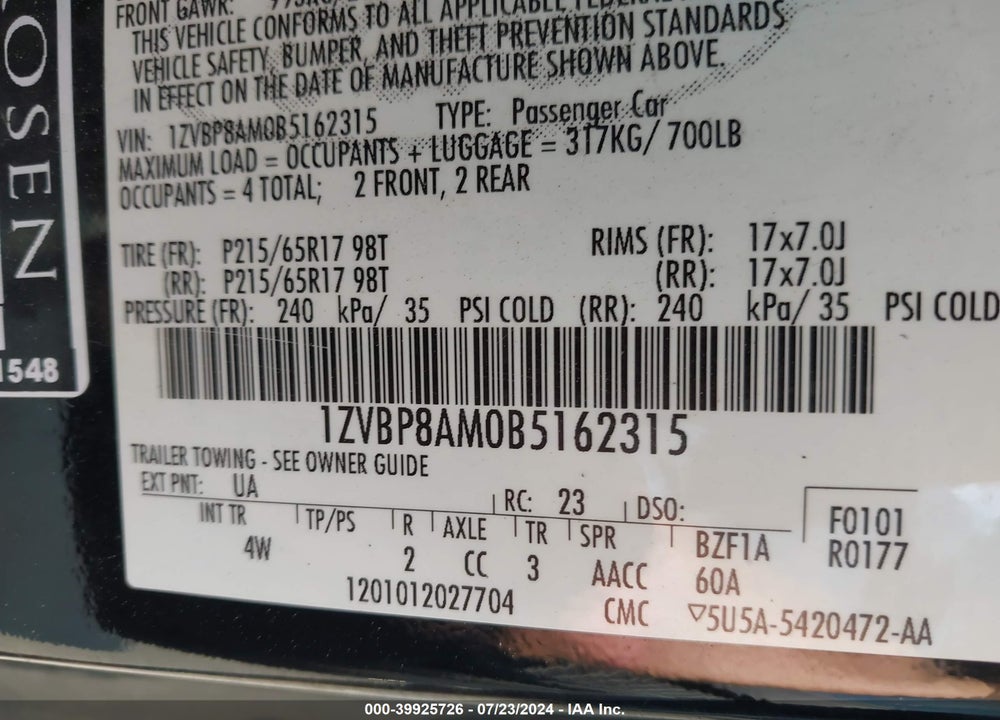 2011 FORD MUSTANG V6 PREMIUM VIN: 1ZVBP8AM0B5162315