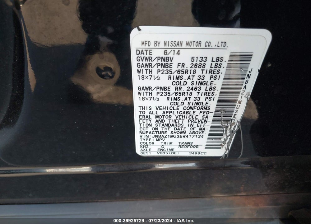2014 NISSAN MURANO SV VIN: JN8AZ1MU3EW417134