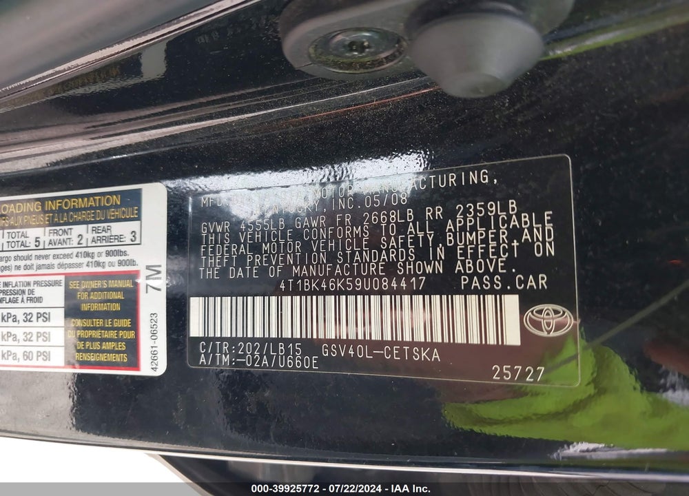 2009 TOYOTA CAMRY SE V6 VIN: 4T1BK46K59U084417