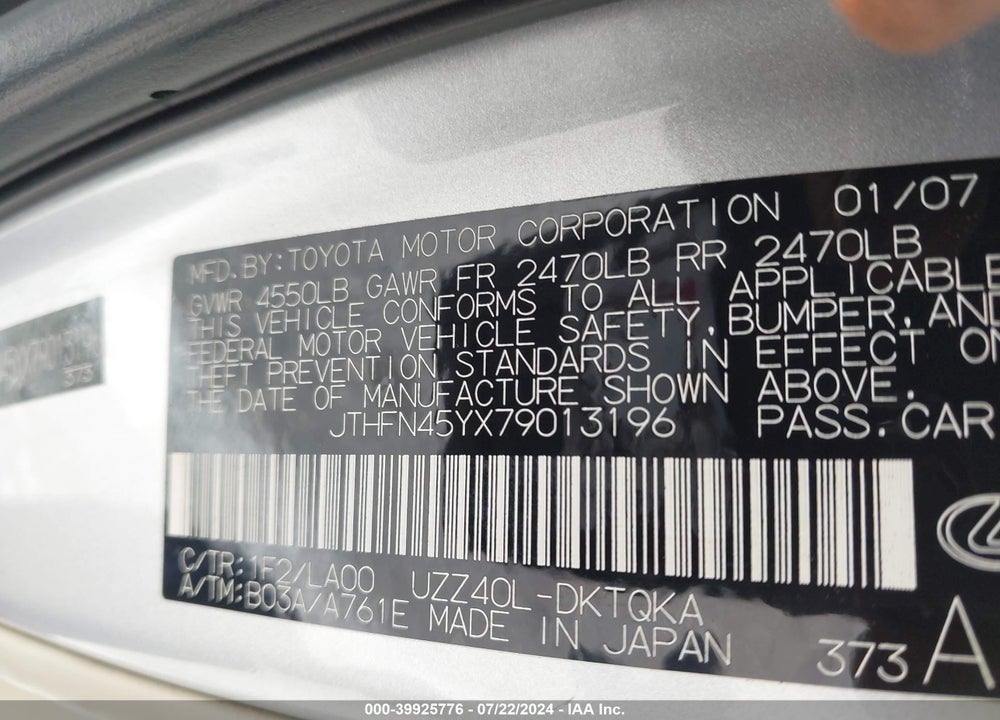 2007 LEXUS SC 430 VIN: JTHFN45YX79013196
