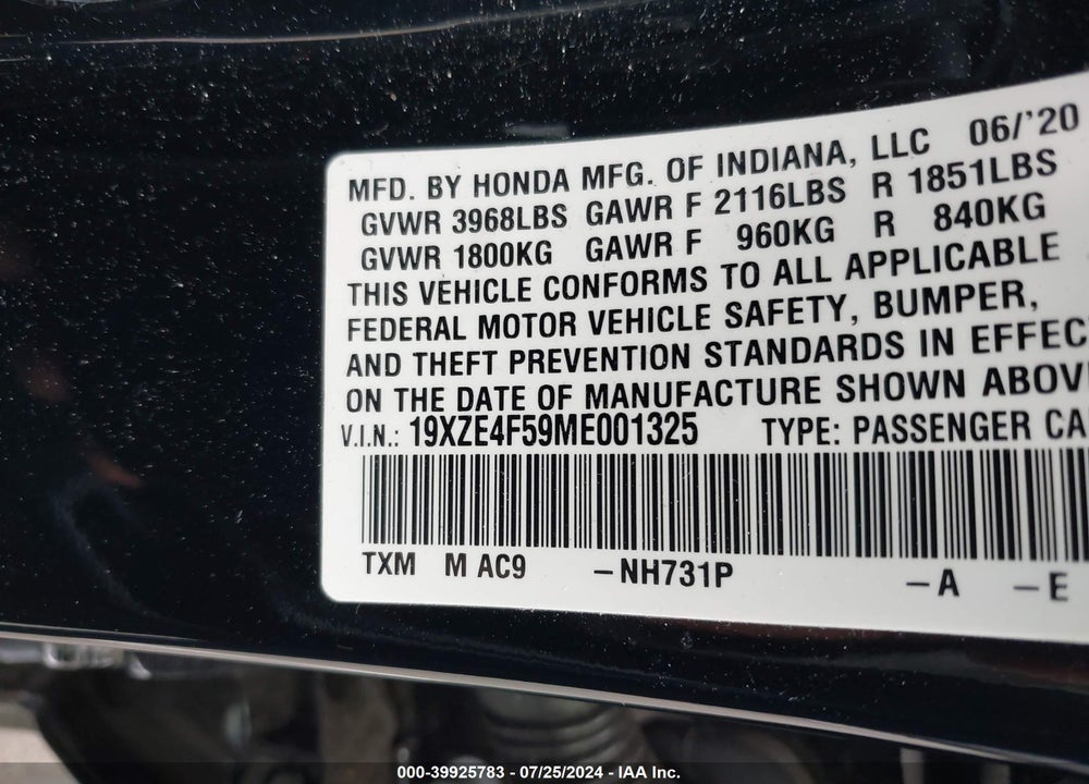 2021 HONDA INSIGHT EX VIN: 19XZE4F59ME001325