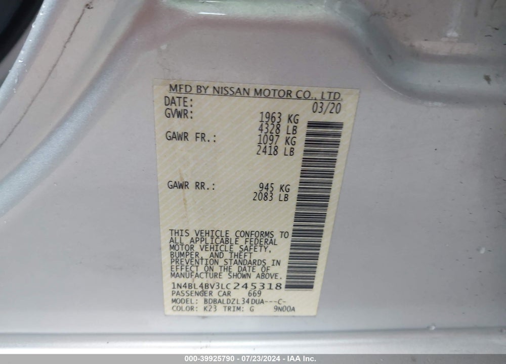 2020 NISSAN ALTIMA VIN: 1N4BL4BV3LC245318