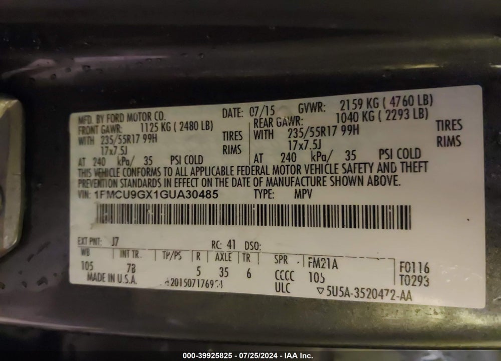 2016 FORD ESCAPE SE VIN: 1FMCU9GX1GUA30485