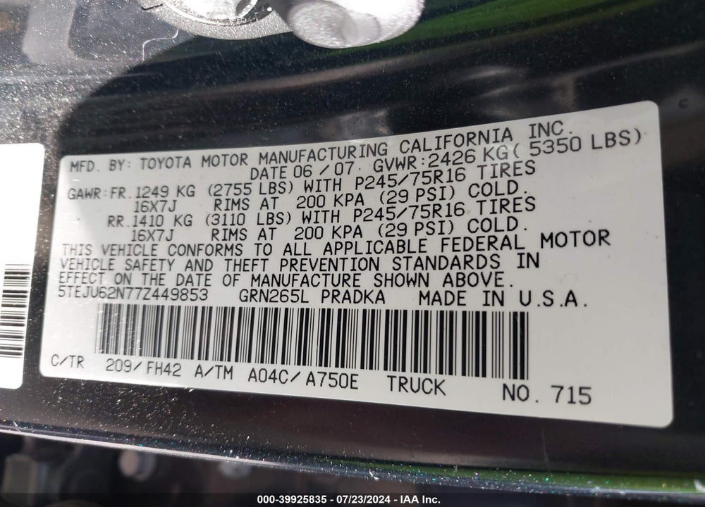 2007 TOYOTA TACOMA PRERUNNER V6 VIN: 5TEJU62N77Z449853