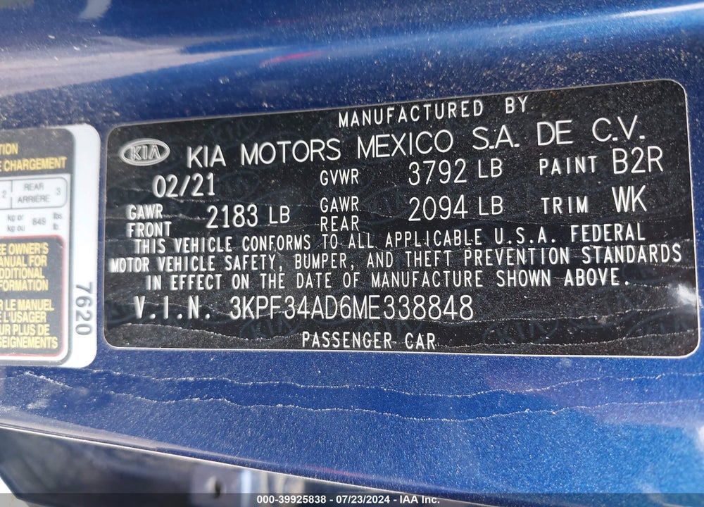2021 KIA FORTE GT LINE VIN: 3KPF34AD6ME338848