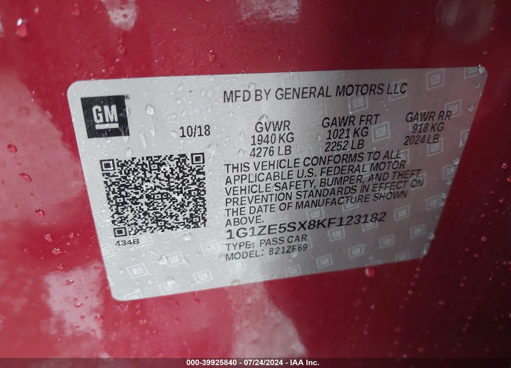 2019 CHEVROLET MALIBU PREMIER VIN: 1G1ZE5SX8KF123182