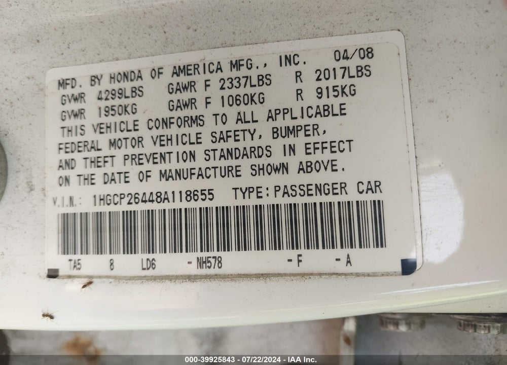 2008 HONDA ACCORD 2.4 LX-P VIN: 1HGCP26448A118655