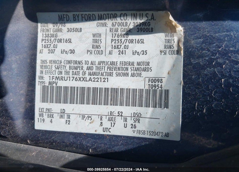 1999 FORD EXPEDITION EDDIE BAUER/XLT VIN: 1FMRU176XXLA22121