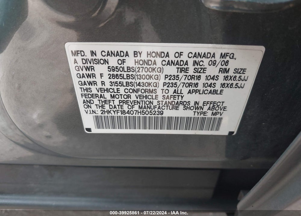 2007 HONDA PILOT EX VIN: 2HKYF18407H505239