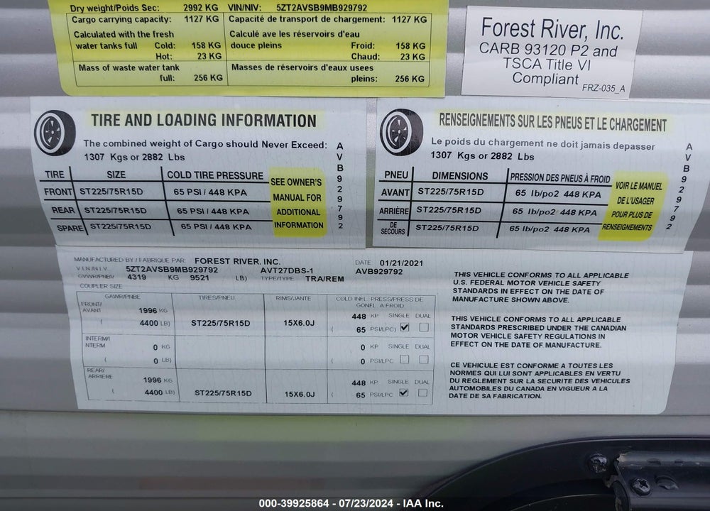 2021 AVENGER TRAVEL TRAILER VIN: 5ZT2AVSB9MB929792