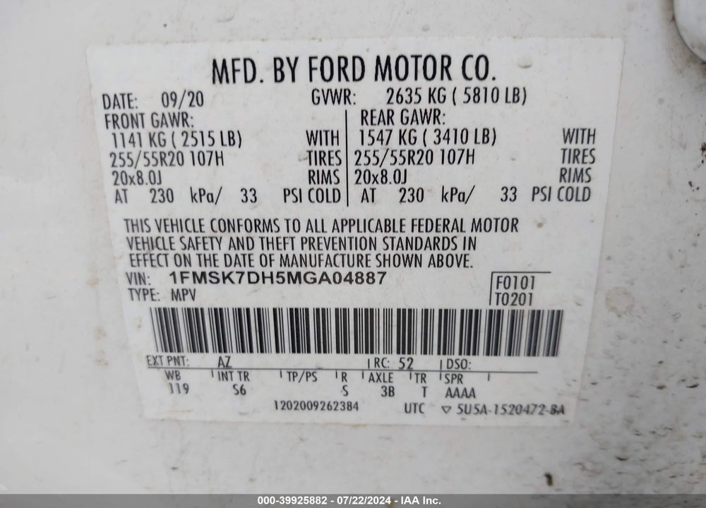 2021 FORD EXPLORER XLT VIN: 1FMSK7DH5MGA04887