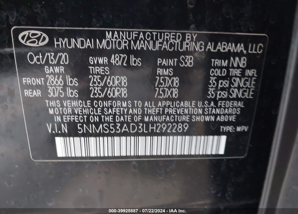 2020 HYUNDAI SANTA FE LIMITED VIN: 5NMS53AD3LH292289