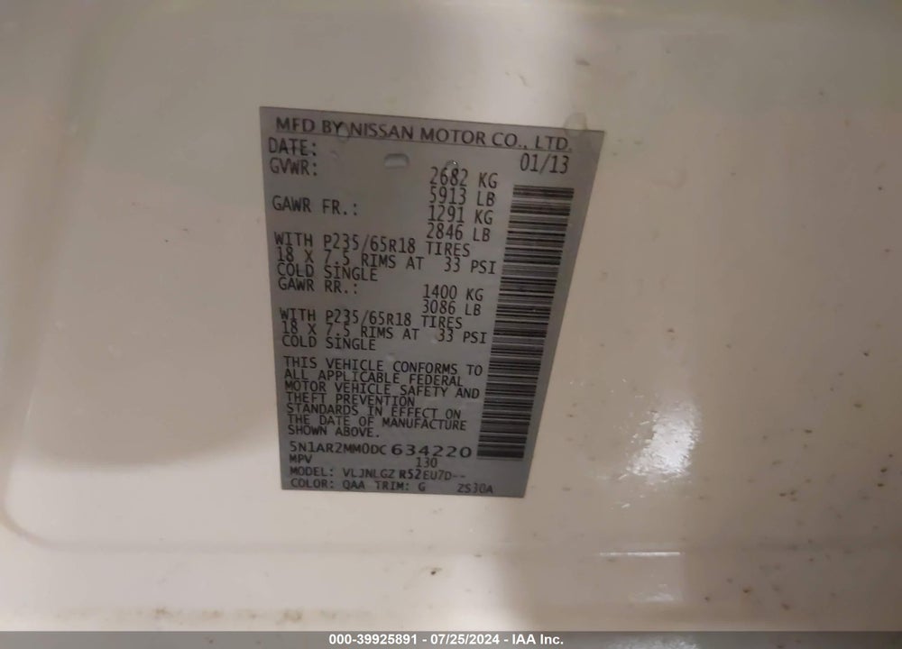 2013 NISSAN PATHFINDER SL VIN: 5N1AR2MM0DC634220