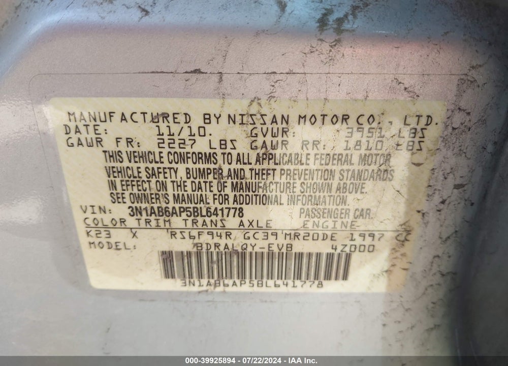 2011 NISSAN SENTRA 2.0 VIN: 3N1AB6AP5BL641778