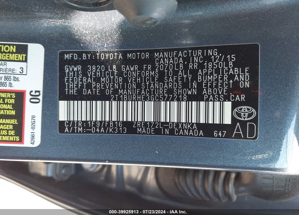 2016 TOYOTA COROLLA LE VIN: 2T1BURHE3GC577218