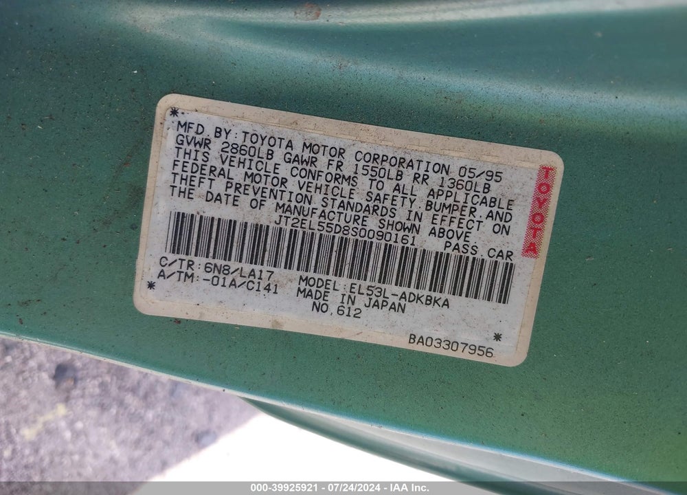 1995 TOYOTA TERCEL STD VIN: JT2EL55D8S0090161