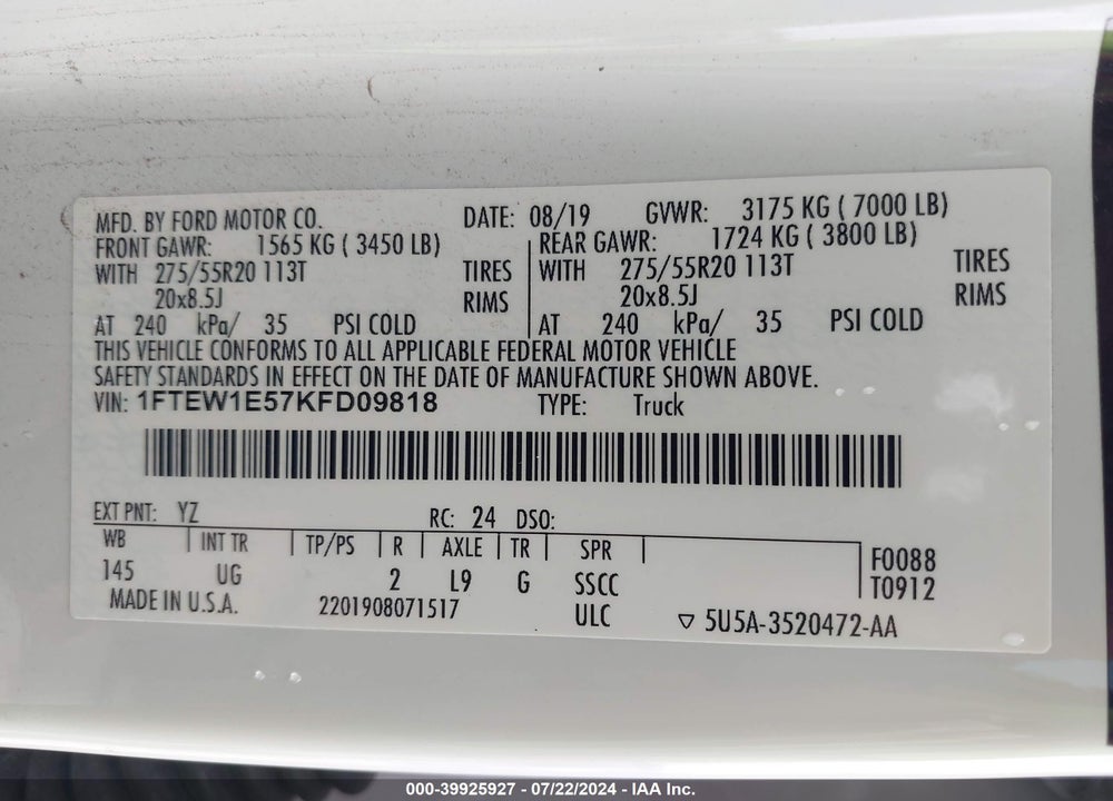 2019 FORD F-150 XLT VIN: 1FTEW1E57KFD09818