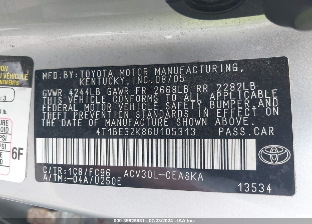 2006 TOYOTA CAMRY SE VIN: 4T1BE32K86U105313