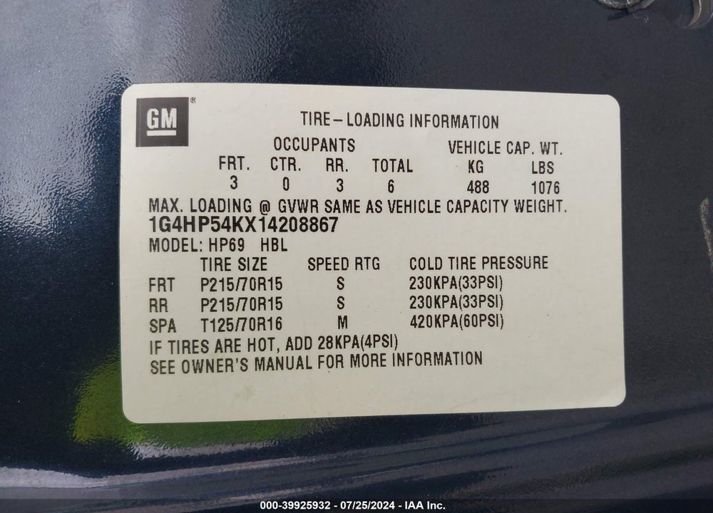 2001 BUICK LESABRE CUSTOM VIN: 1G4HP54KX14208867