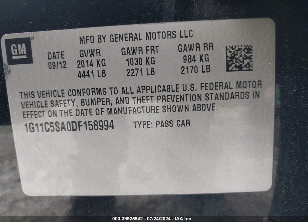 2013 CHEVROLET MALIBU 1LT VIN: 1G11C5SA0DF158994