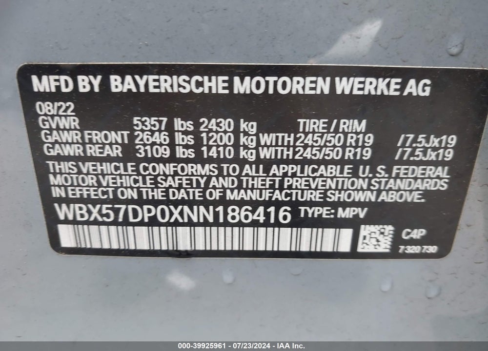 2022 BMW X3 XDRIVE30I VIN: WBX57DP0XNN186416