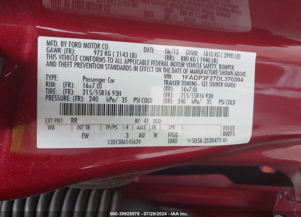 2013 FORD FOCUS SE VIN: 1FADP3F27DL370394