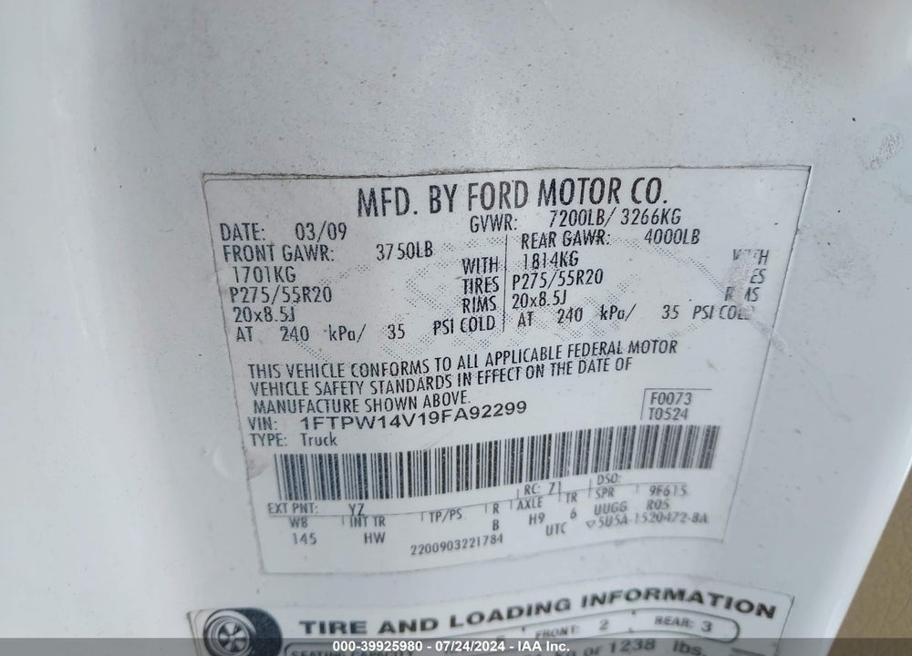 2009 FORD F-150 FX4/KING RANCH/LARIAT/PLATINUM/XL/XLT VIN: 1FTPW14V19FA92299