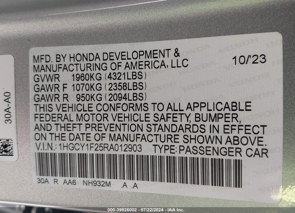 2024 HONDA ACCORD LX VIN: 1HGCY1F25RA012903
