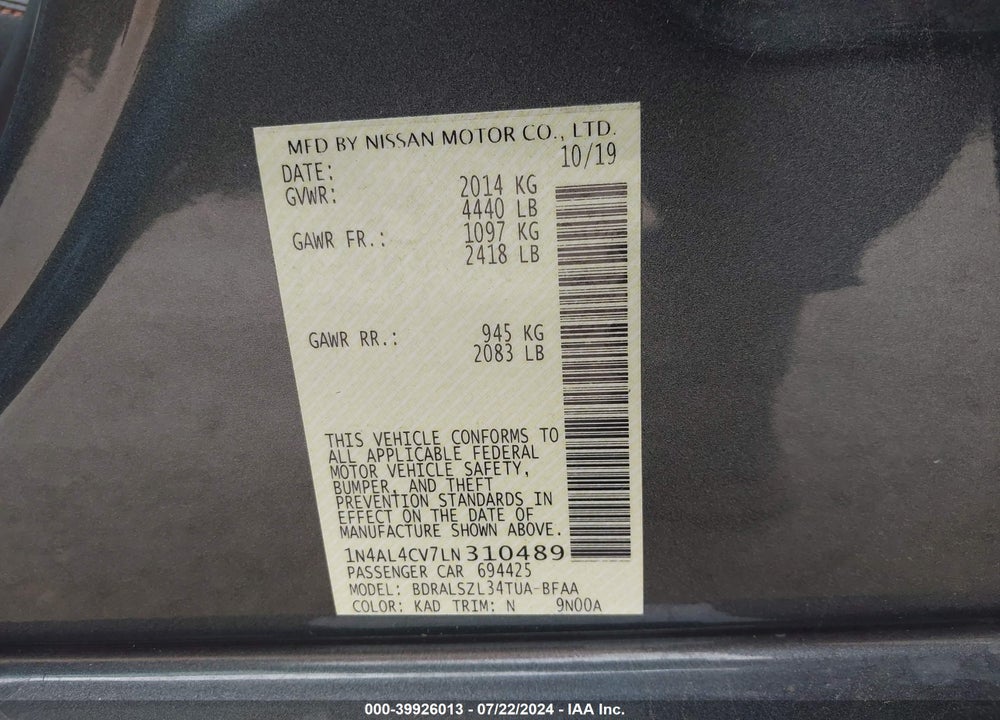 2020 NISSAN ALTIMA SR VC-TURBO FWD VIN: 1N4AL4CV7LN310489