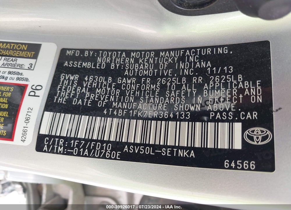 2014 TOYOTA CAMRY LE VIN: 4T4BF1FK7ER364133