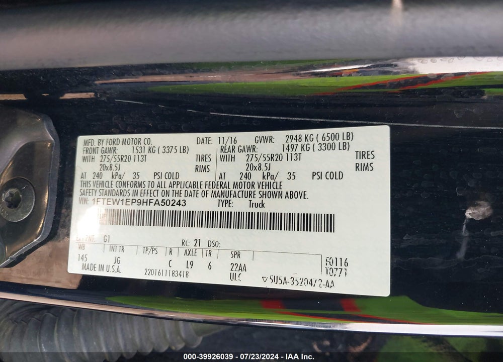 2017 FORD F-150 XL VIN: 1FTEW1EP9HFA50243