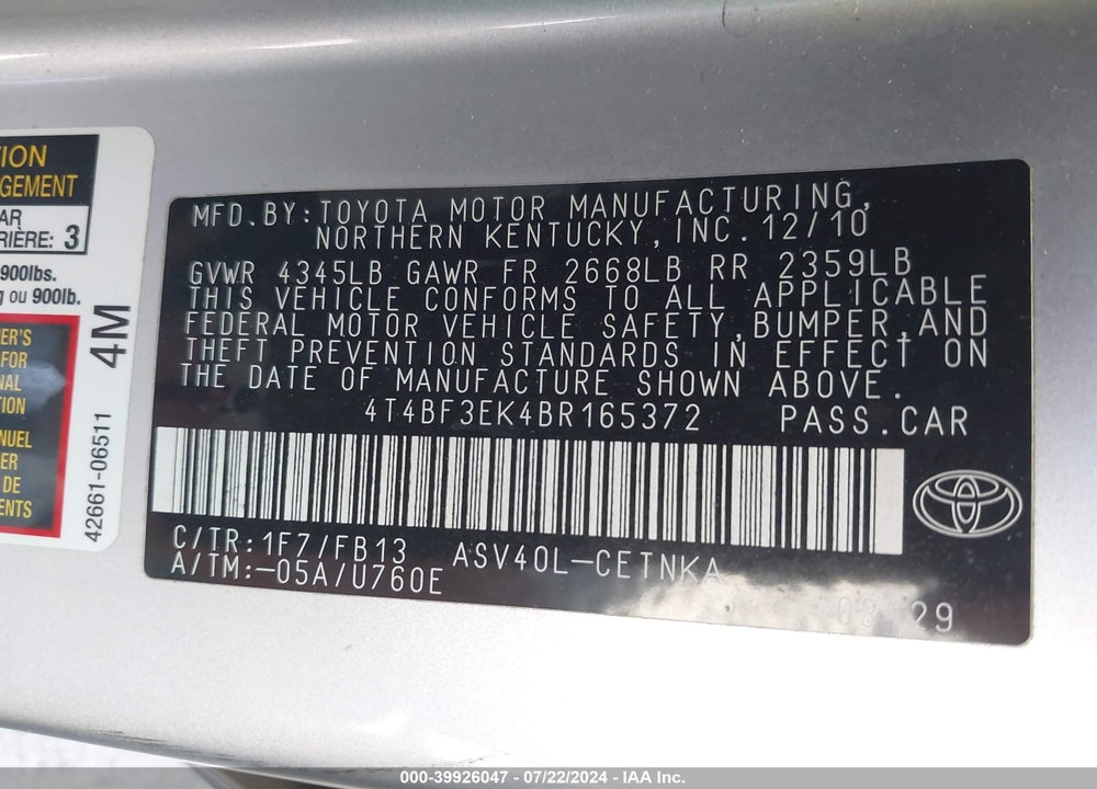 2011 TOYOTA CAMRY LE VIN: 4T4BF3EK4BR165372