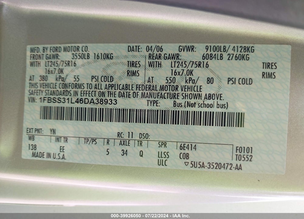 2006 FORD E-350 SUPER DUTY XL/XLT VIN: 1FBSS31L46DA38933
