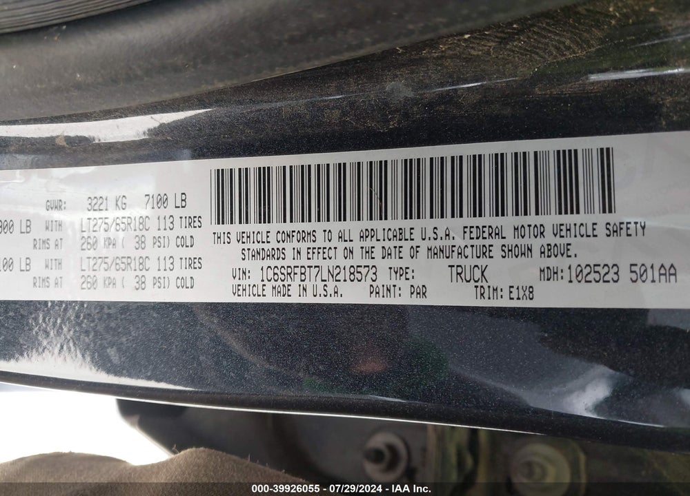 2020 RAM 1500 LONE STAR QUAD CAB 4X4 6'4 BOX VIN: 1C6SRFBT7LN218573