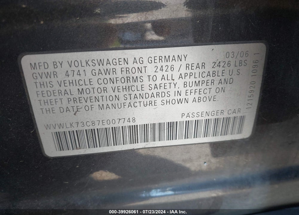 2007 VOLKSWAGEN PASSAT 2.0T VIN: WVWLK73C87E007748