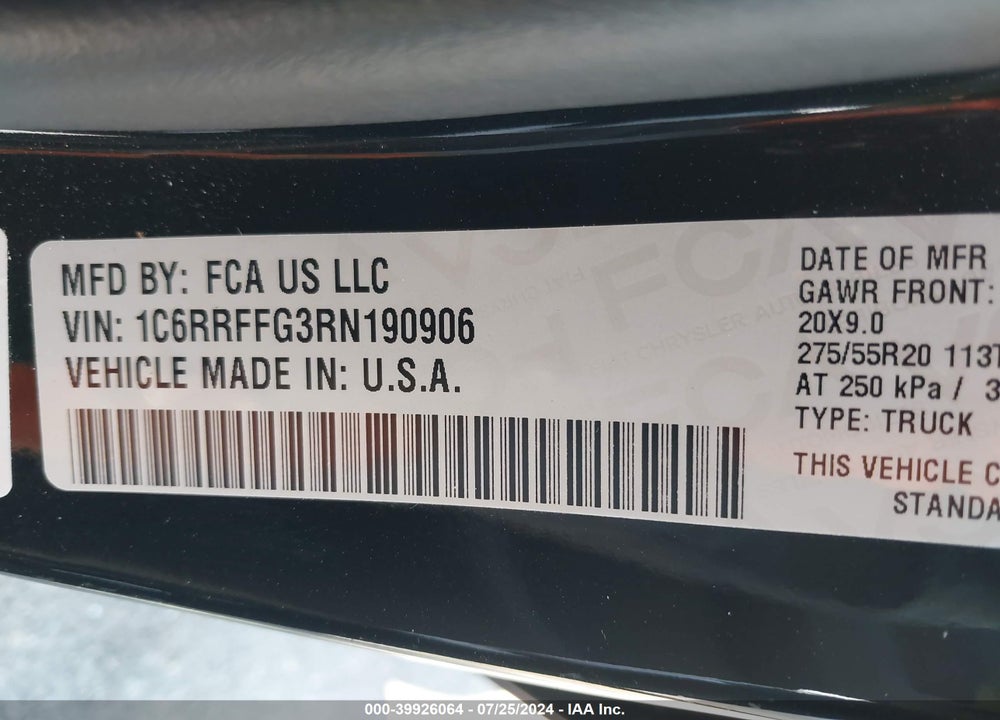 2024 RAM 1500 BIG HORN 4X4 5'7 BOX VIN: 1C6RRFFG3RN190906