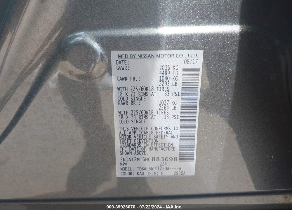 2017 NISSAN ROGUE SL VIN: 5N1AT2MT6HC883698