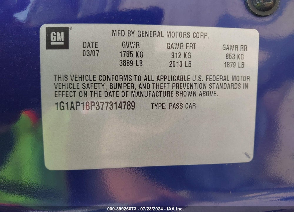 2007 CHEVROLET COBALT SS SUPERCHARGED VIN: 1G1AP18P377314789