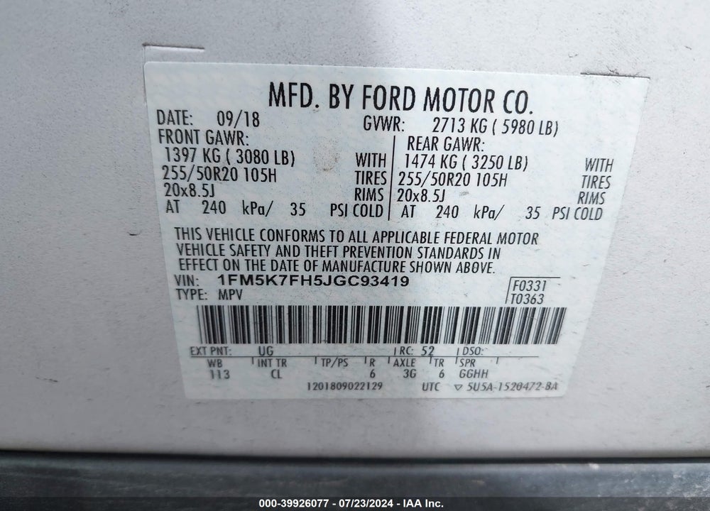 2018 FORD EXPLORER LIMITED VIN: 1FM5K7FH5JGC93419