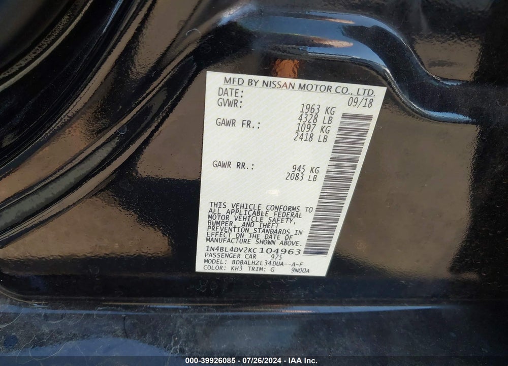 2019 NISSAN ALTIMA 2.5 SV VIN: 1N4BL4DV2KC104963