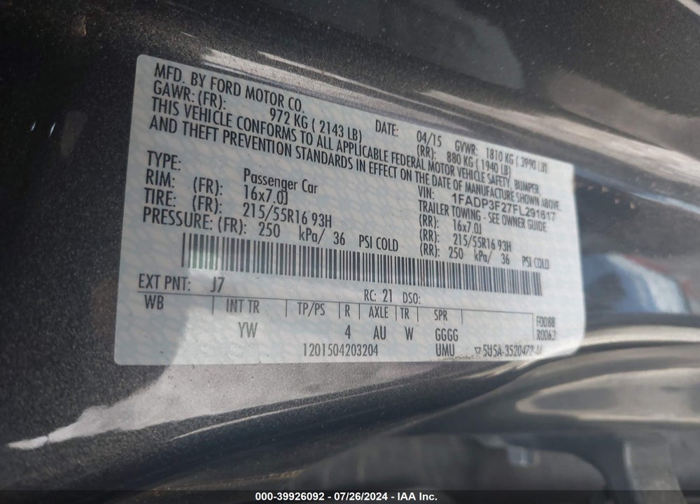 2015 FORD FOCUS SE VIN: 1FADP3F27FL291617