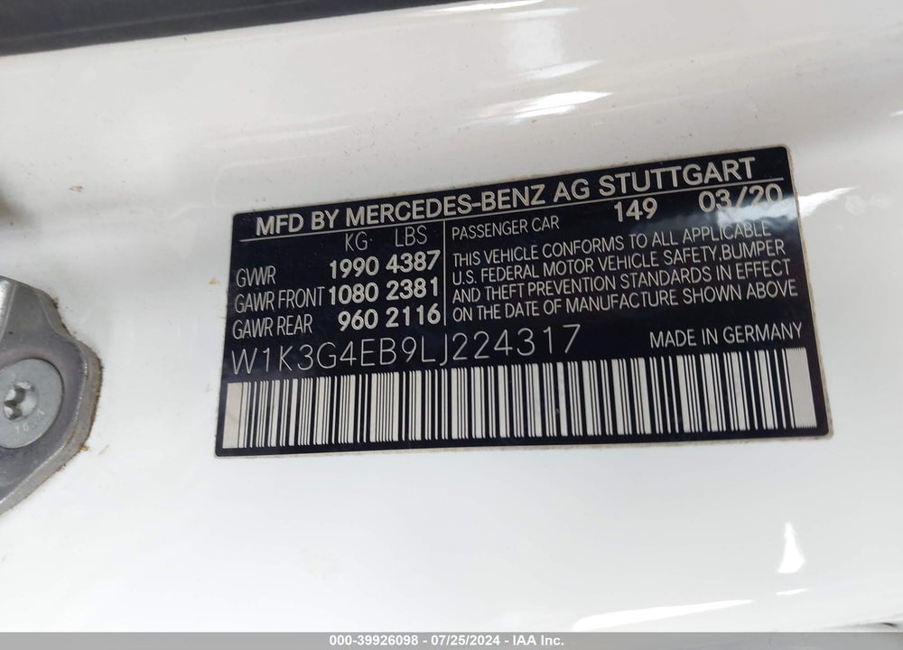 2020 MERCEDES-BENZ A 220 VIN: W1K3G4EB9LJ224317