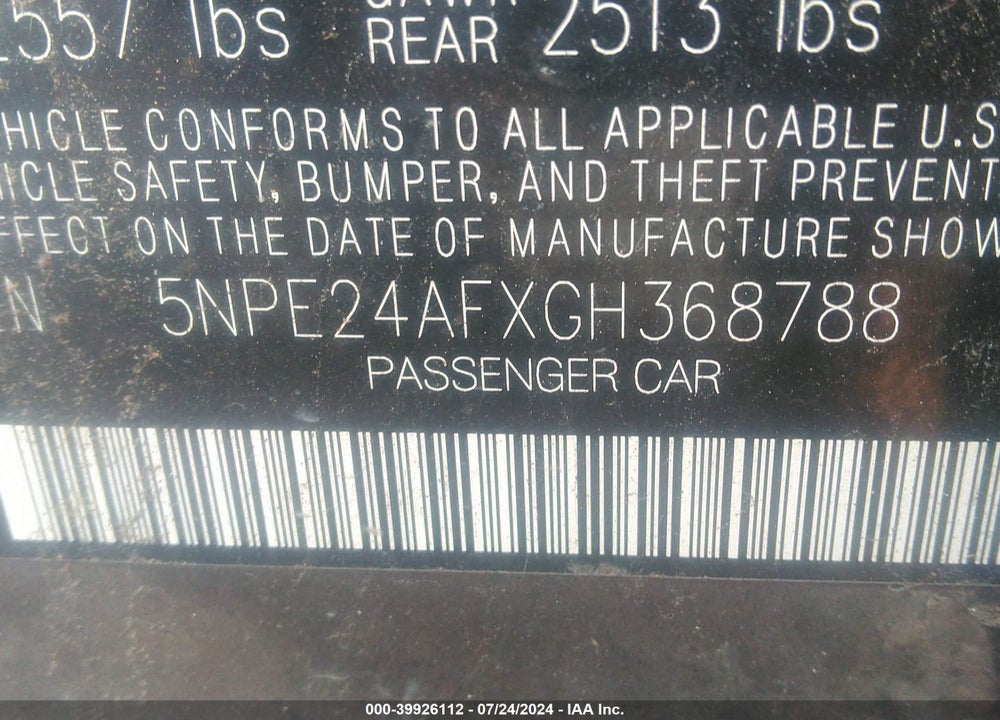 2016 HYUNDAI SONATA SE VIN: 5NPE24AFXGH368788
