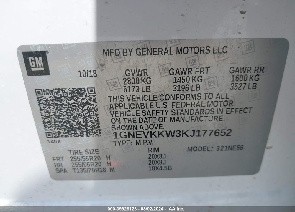 2019 CHEVROLET TRAVERSE PREMIER VIN: 1GNEVKKW3KJ177652