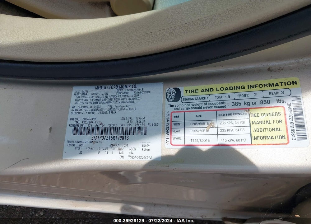 2006 FORD FUSION SE VIN: 3FAFP07Z16R199813