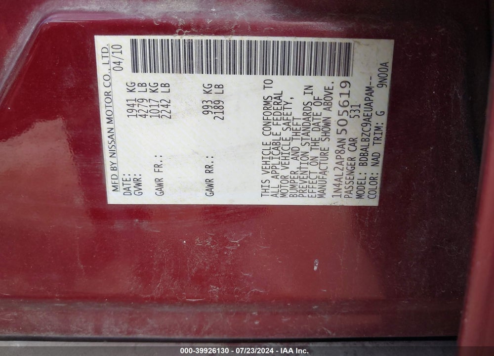 2010 NISSAN ALTIMA 2.5 S VIN: 1N4AL2AP8AN505619